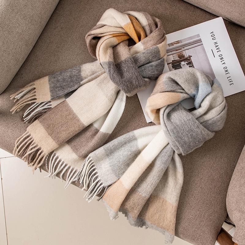 Plaid Wool Scarf for Men and Women High End Autumn and Winter Warm Scarf  Versatile Tassel Lambswool Shawl