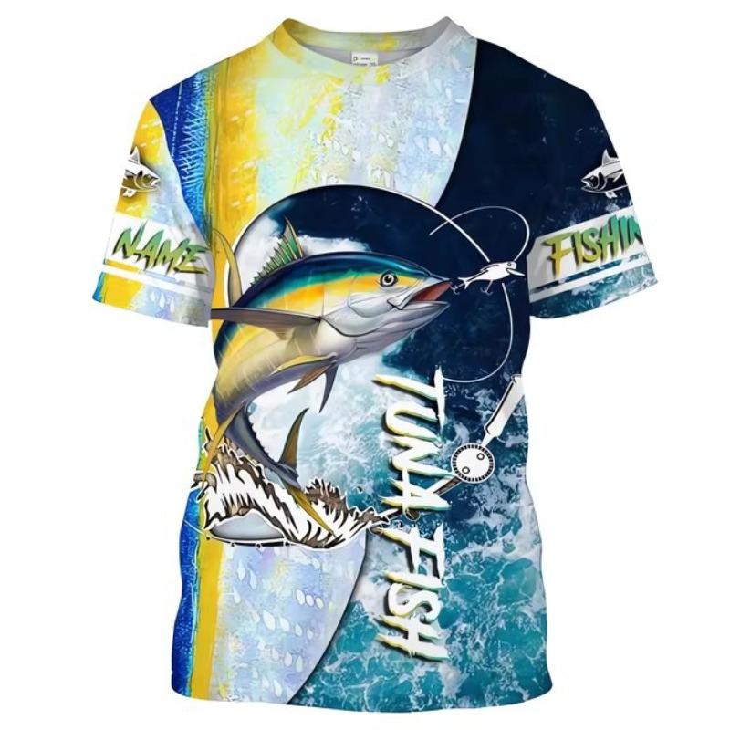 

Fish Print Men s Outdoor Fishing Suit Casual Round Neck T-shirt Harajuku Short Sleeved Shirt S
