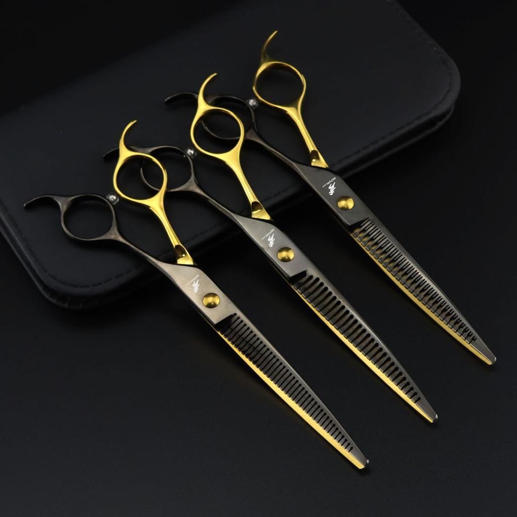 7.0 Inch Black And Gold Pet Beauty Scissors, Curved Scissors, Pet Trimming Scissors, Thin Scissors, Curved Teeth Magic Scissors