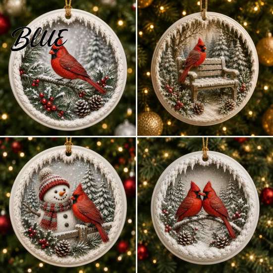 Festive Hanging Decor Acrylic Christmas Red Bird Ornament, Snow Scene Pattern Xmas Tree Ornaments Decor, Retro Round Pendant for Winter Holiday Party