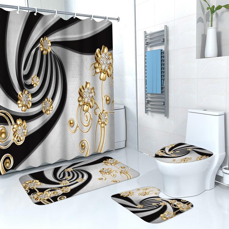 4Pcs Shower Curtain Set with Non-Slip Bath Mat, Toilet Lid Cover, Contour Rug & 12 Hooks, Bathroom