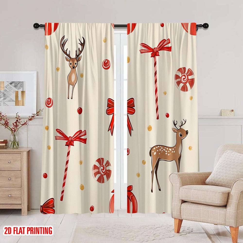 2pcs,2D Plane Printing Popular Curtains Christmas Bows Reindeer Candies Baubles (4) Polyester Woven (without Rod) Holiday