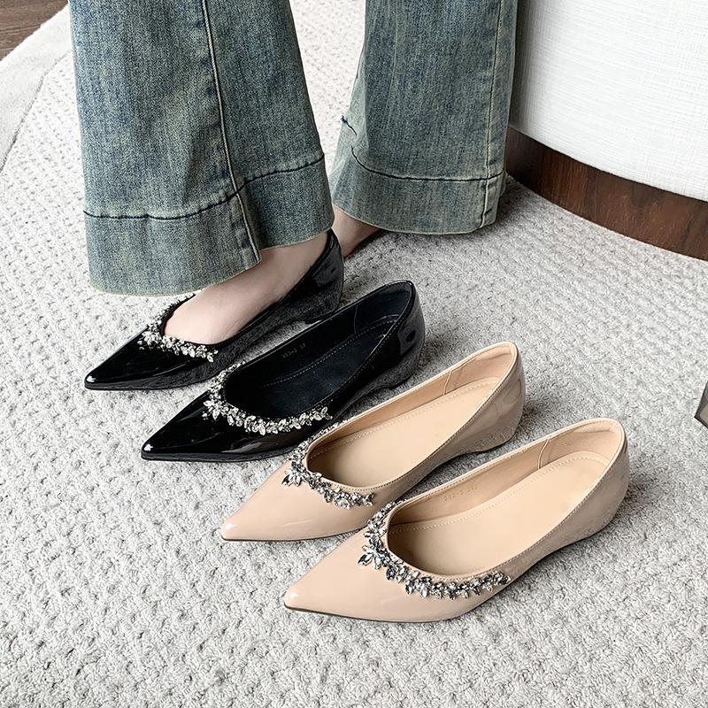 Rhinestone Ladies Pointed Toe Flat Soft Sole French Style Heightened Shallow Mouth Elegant Single Shoes