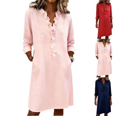 Vestido Camisa de Moda para Mujer, Holgado, con Volantes, de Manga Larga, Algodón Lino