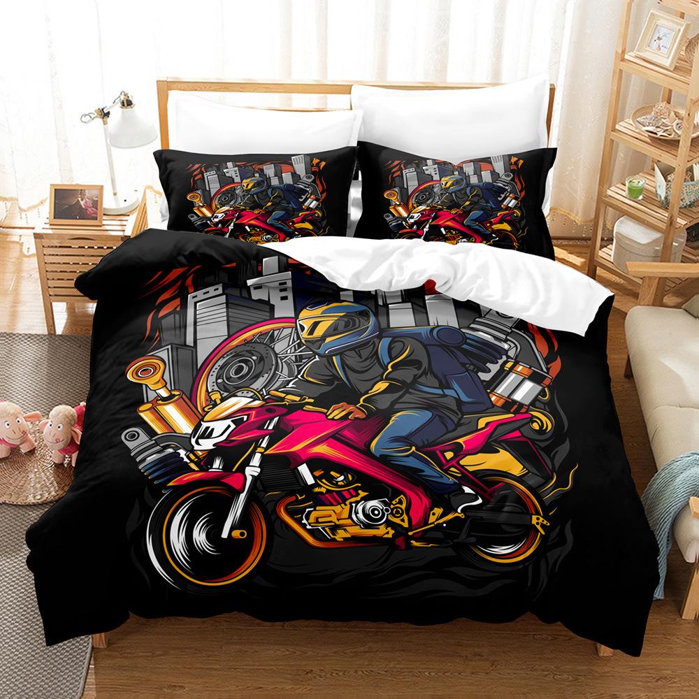 Cool Harley 3D Motocross Rider Duvet Cover Set Microfiber Red Black Dirt Bike Extreme Sports Theme Motorcycle Pattern Bedding