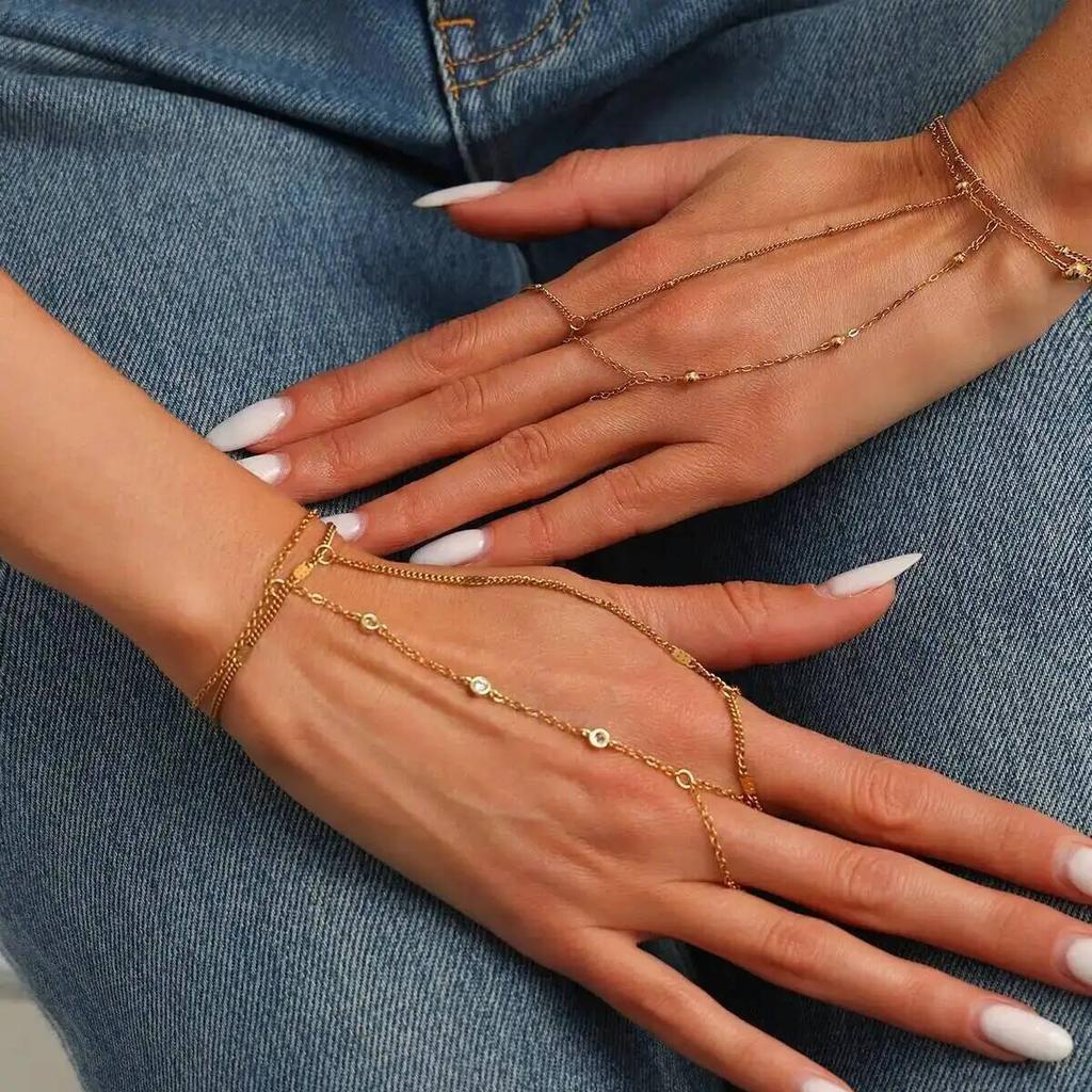 SHIXIN Exquisite Stainless Steel Zircon Hand Chain Bracelet Women Thin Link Chain Connecting Harness Bracelet Ring Hand Jewelry