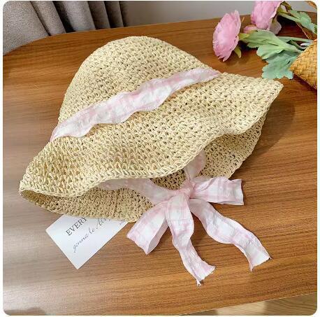 Pearl straw hat summer travel sunscreen sunshade bucket hat new straw seaside vacation net red hat