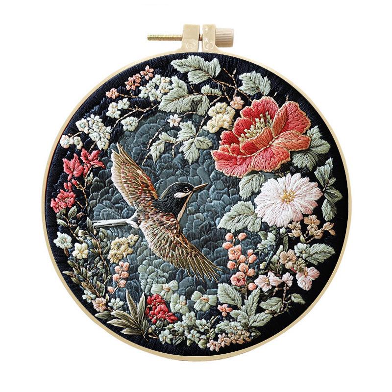 

1 шт. Набор для вышивания пейзажа с птицами и цветами, сделай сам, из ткани, с инструментами 15cm