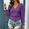 Loose V Neck Polka Dot Print Long Sleeve Casual Women T Shirt