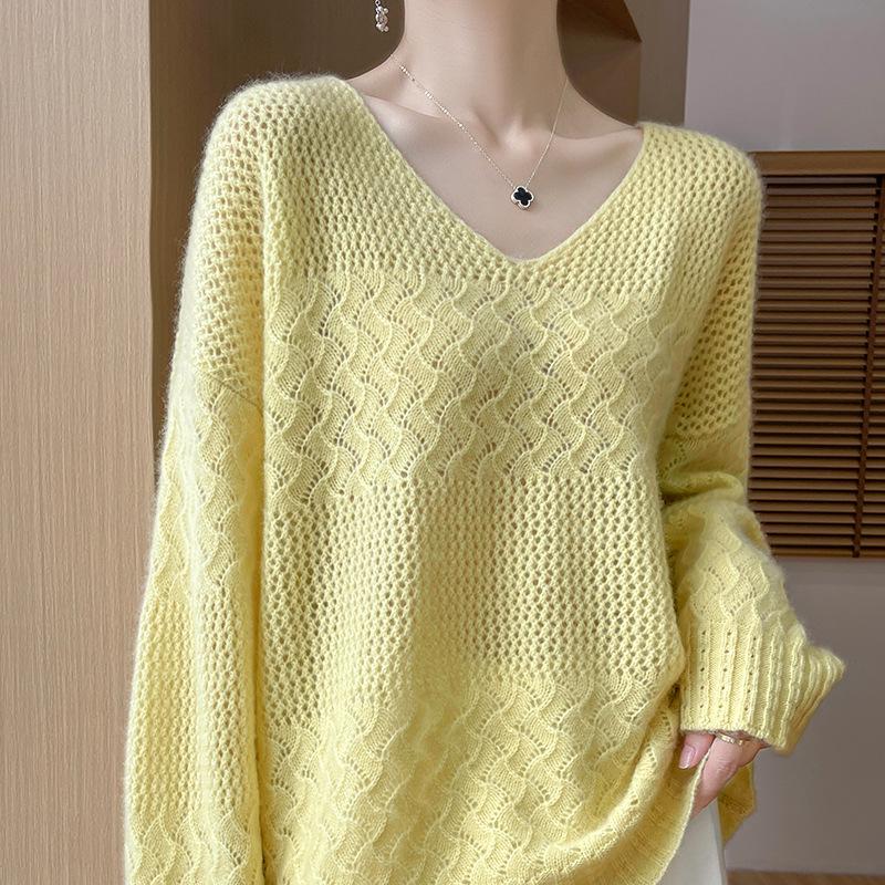 Women's Cashmere V-Neck Hollow Jacquard Pullover Sweater, Autumn/Winter Collection
