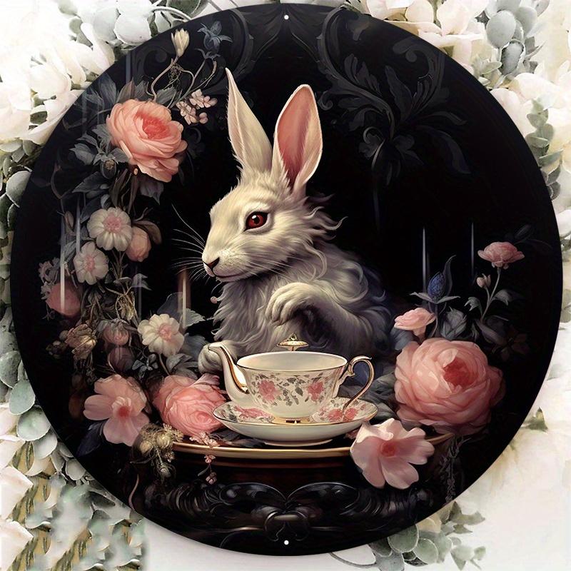 Gothic White Rabbit Tea Party Round Metal Tin Sign D Flat Printing Alice in Wonderland Wall Plaque For Home Decor