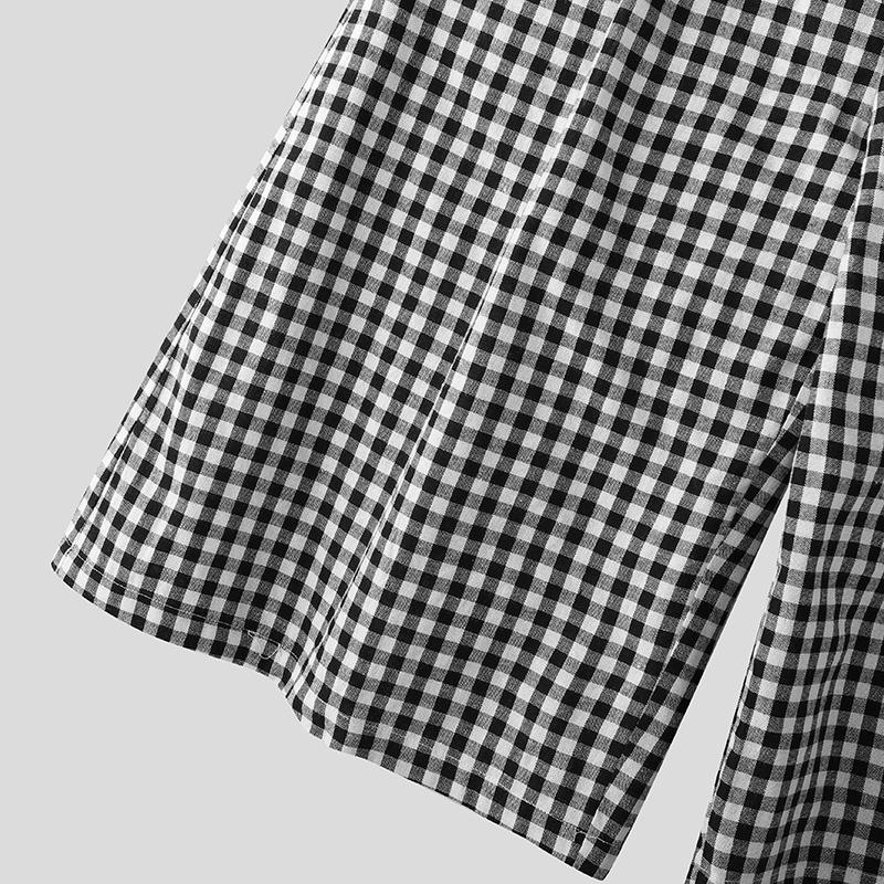 INCERUN Men Zipper  High Waist Plaid Print Casual Loose Straight Capri Pants
