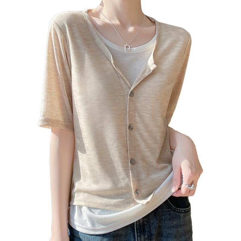 Dámská letní novinka Kolizní 4 knoflíky Otevřená košile Tenká sekce Falešný dvoudílný Krátký rukáv Česaný Jemný úpletjavascript: