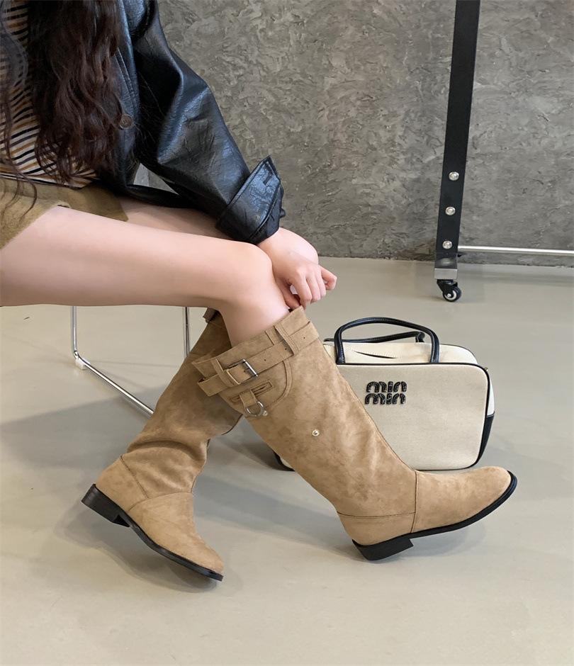 

Замшевые ботфорты женские 2025 новые толстый каблук круглый носок ботфорты со сборками универсальные высокие сапоги 36 хаки