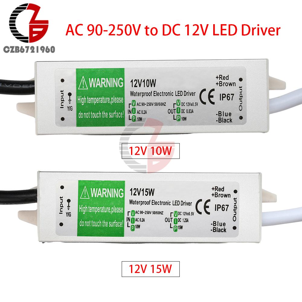 AC 90-250V to DC 12V Waterproof LED Driver Switching Power Supply IP67 10W 15W Lighting Transformer Adapter for LED Strip Lights