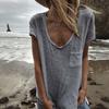 Women T-shirt Round Neck Short Sleeve Patch Pocket Tee Shirt Solid Color Loose Fit Thin Pullover Tops Daily Wear