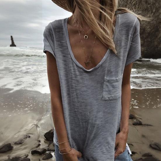 Women T-shirt Round Neck Short Sleeve Patch Pocket Tee Shirt Solid Color Loose Fit Thin Pullover Tops Daily Wear