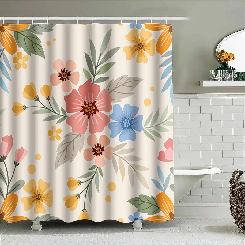 Decorative Shower Curtain Set Floral Print Design For Bathroom Decoration Modern Home Decor Available In Various Sizes