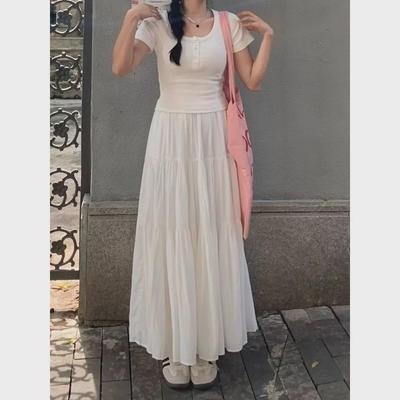 2024 Women's White A-Line Long Cake Skirt for Spring and Autumn