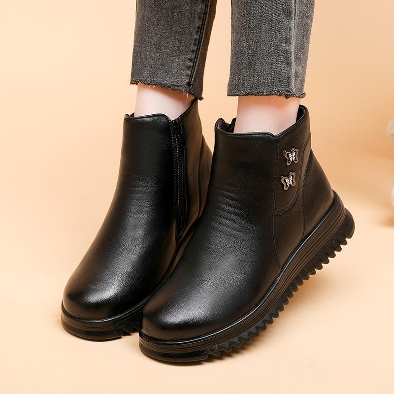 Microfiber Leather Mother Cotton Shoes Winter Velvet Warm Middle-aged and Elderly Women Flat Boots Non-slip Side Zipper for the Elderly