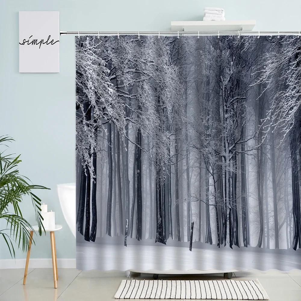 Winter Forest Scenery Shower Curtain Trees Snow Arched Doors Windows Natural Scenery Bathroom Decor With Hook Waterproof Screen