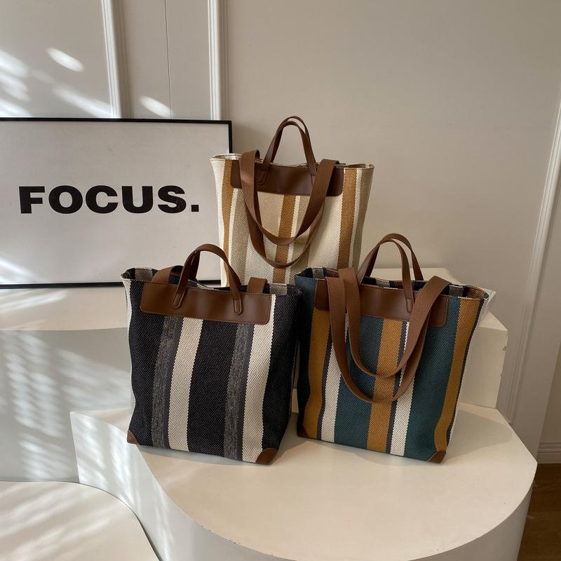 Big Bag Women's Bag 2025 New Fashion Contrasting Color Striped Canvas Portable Tote Bag Underarm Shoulder Bag