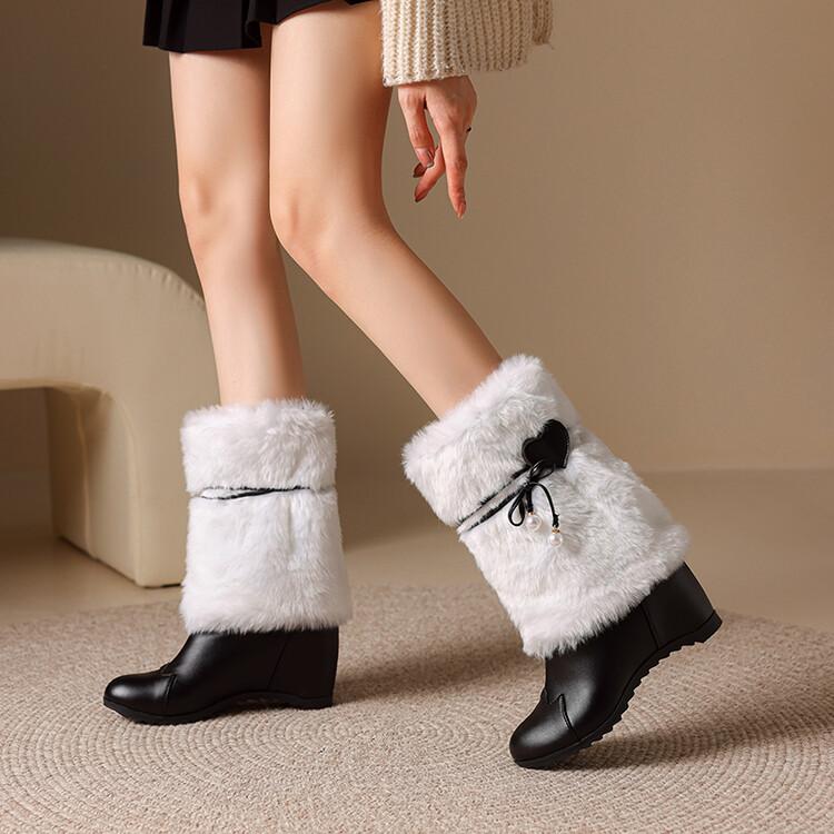 Fashion Plush Boots Black Leather Round Toe Increased Height Inside Mid Length Boots New 6cm Women's Winter Short Boots 35-43
