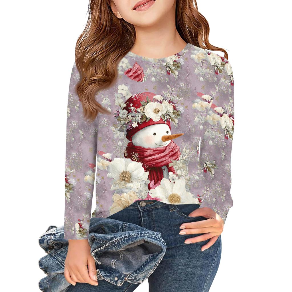 Christmas Day Girls Long Sleeve T Shirts Kids Fall Tops Crewneck Printed Basic Tees