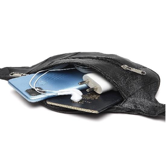 Noora Black Leather Waist Bag | Multipurpose Travel Bag for Running, Hiking, Travelling with Adjustable Straps |