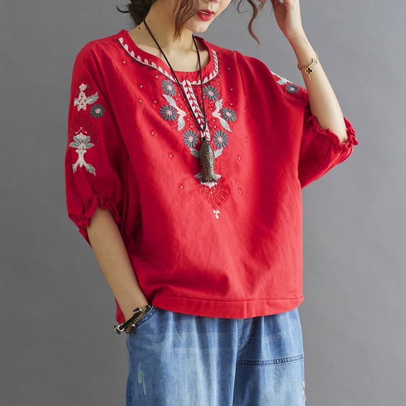 Letnia Nowość Styl Retro Literacki Luźna i Wszechstronna Etniczny Styl Bawełniana i Lniana Haftowana Koszula dla Kobiet