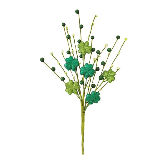 St. Patrick's Day Artificial Shamrock Plant Picks Glitter Four Leaf Clover Berries Stems for Flower Arrangements Irish Vase Home Table Centerpiece