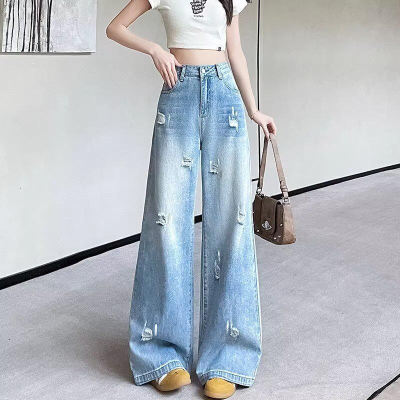 

Light Blue High-Waisted Ripped Wide-Leg Jeans for Women - Summer 2026 Collection, Thin, Casual, Hip-Covering, Floor-Length Design 3XL світло-синій колір
