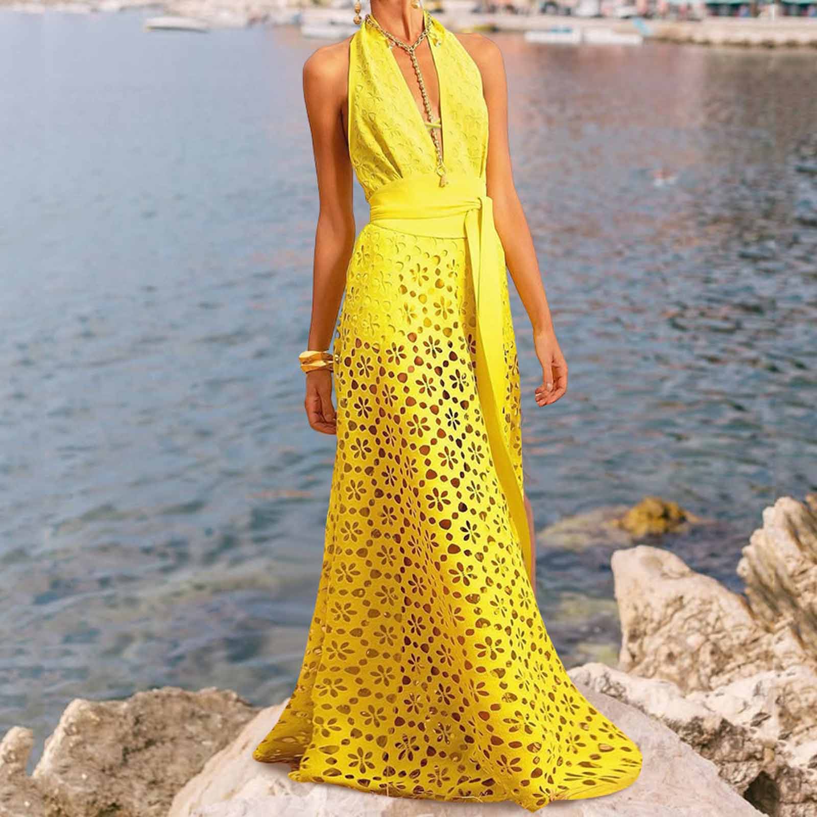 

Женский слитный купальник с V-образным вырезом и открытой передней частью, Элегантный купальник высокого класса, Летний пляжный и курортный купальник L жёлтый