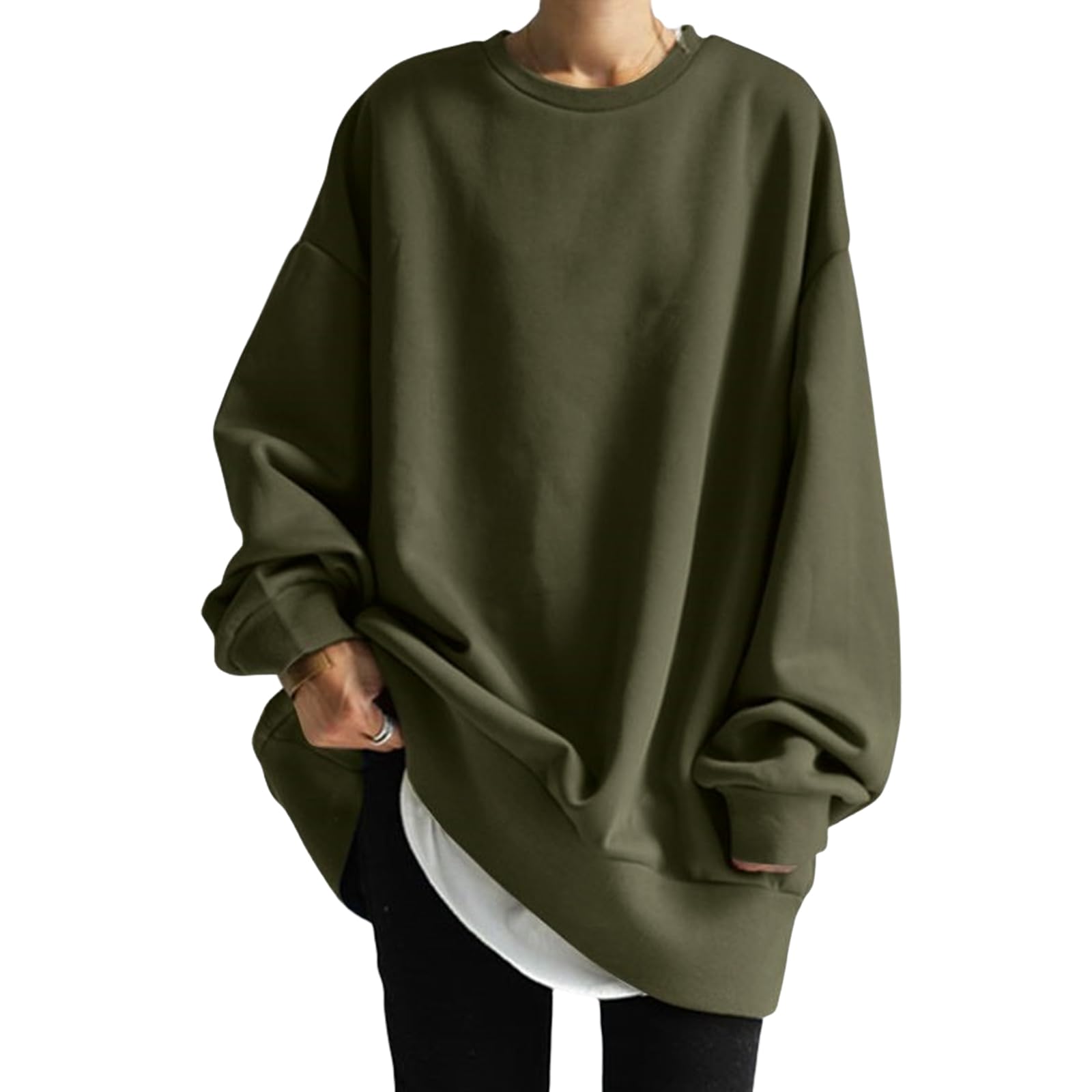 

Long Sleeve Brushed Fleece Round Loose Plus Oversized Solid Korean [MlleeSSeeldyTRC] Women s Hoodie, Pullover, Neck, Fit, Size, Sweatshirt, Color,