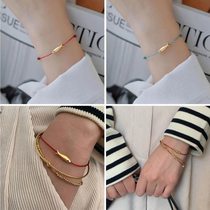 2 Pcs Fashion Gold Fish Charm Anklet Leg Foot Chain Lucky Carp Anklets Beach Jewelry Simple Blue Redness  Rope Woven Anklets