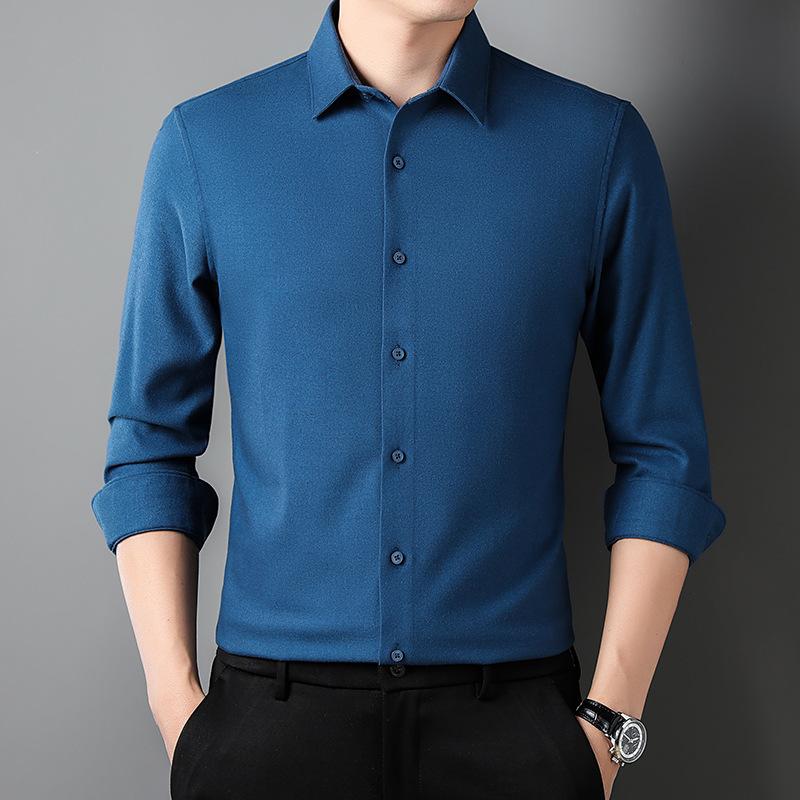 

Осенняя мужская шерстяная однотонная рубашка с длинными рукавами и лацканами для людей среднего возраста 4XL