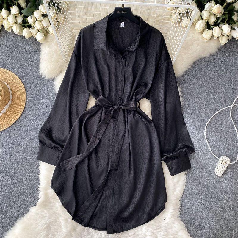 

Long Sleeves Dress Shoelace Waist Trimming Casual Easiest for Match Satin Black One size