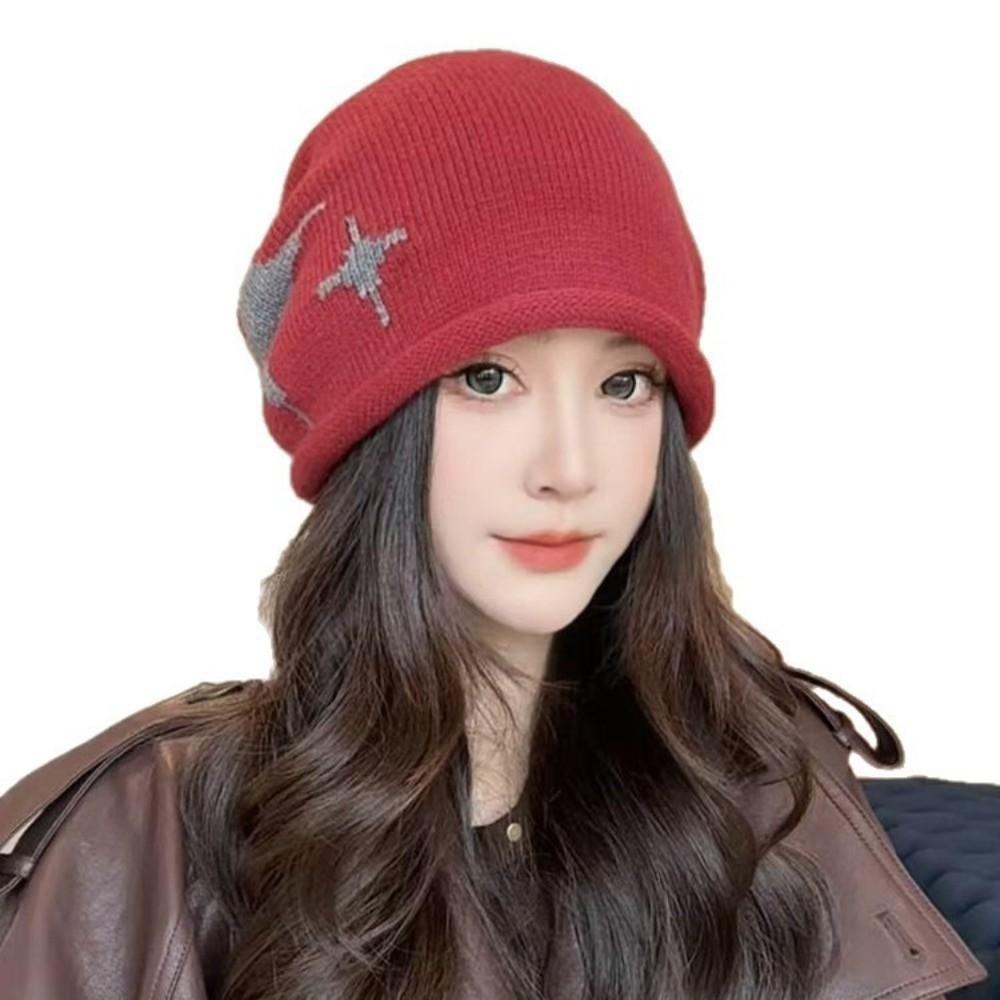 Fashion Star Pattern Knitted Woolen Hat Windproof Cold-proof Cover Head Cap Thickened Keep Warm Drawstring Beanie Cap Outdoor
