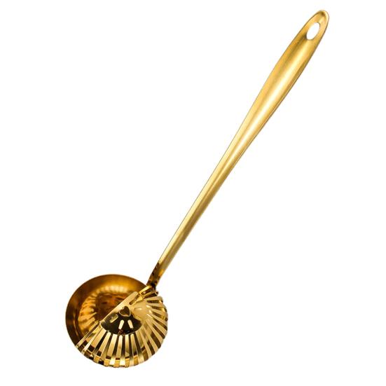 Stainless Steel Soup Ladle with Long Handle And Strainer 2-in-1 Kitchen Spoon for Serving And Filtering Easy To Store Hanging Hole Cooking Tools