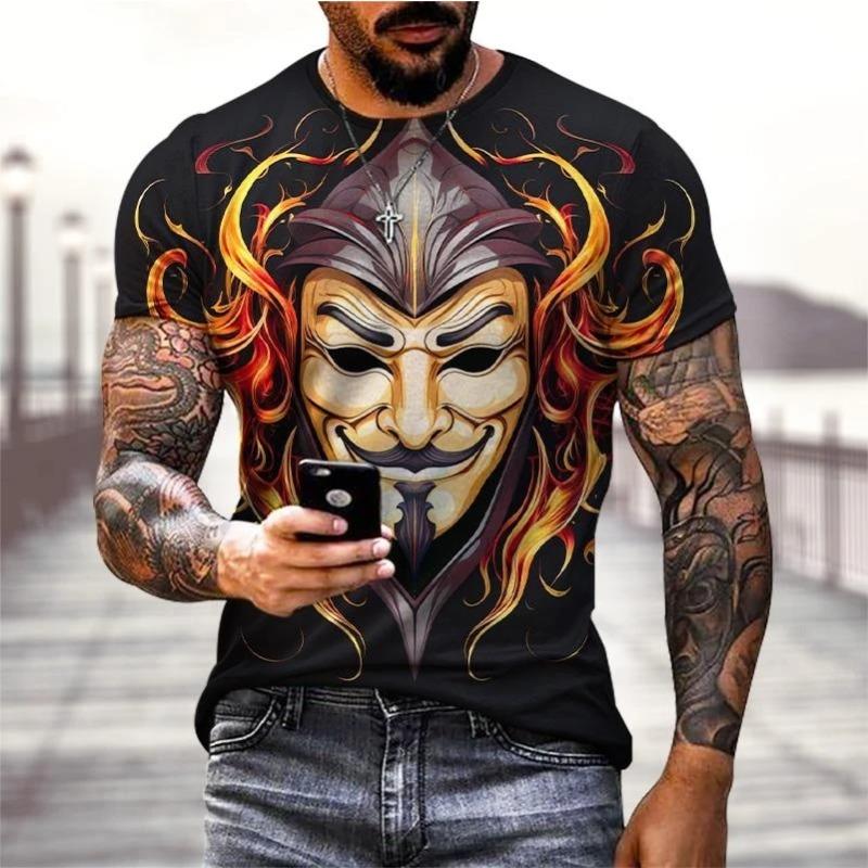 Summer Round Neck 3D Funny Masked Face Print Top Fashionable Casual Short Sleeved Men's T-shirts