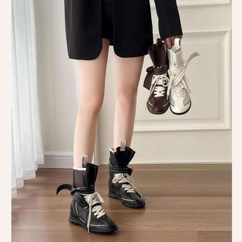 Hollow Breathable Short Boots Martin Boots Women's Summer New Inner Heightening Boxing Boots Retro Lace-up Medium Boots
