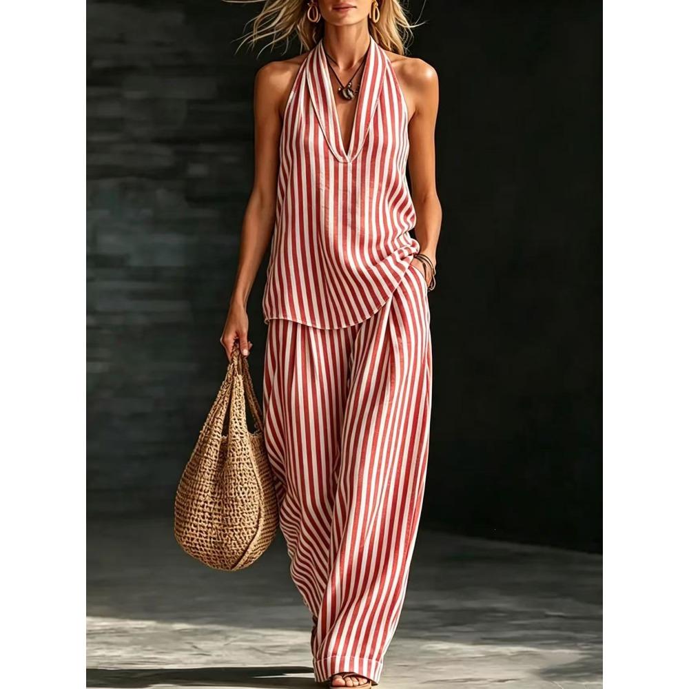 Women's Loose Fit Striped Halter Neck Sleeveless Two-Piece Outfit Set Tank Top and Wide Leg Pants