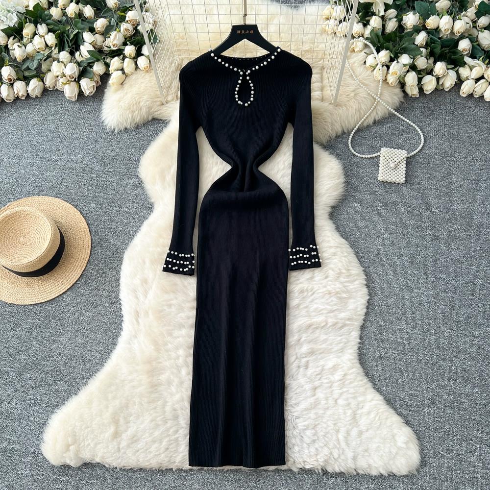 Autumn Spring Women Elegant O-neck Full Sleeve Beading Knitted Sweater Party Long Midi Pullover Dresses