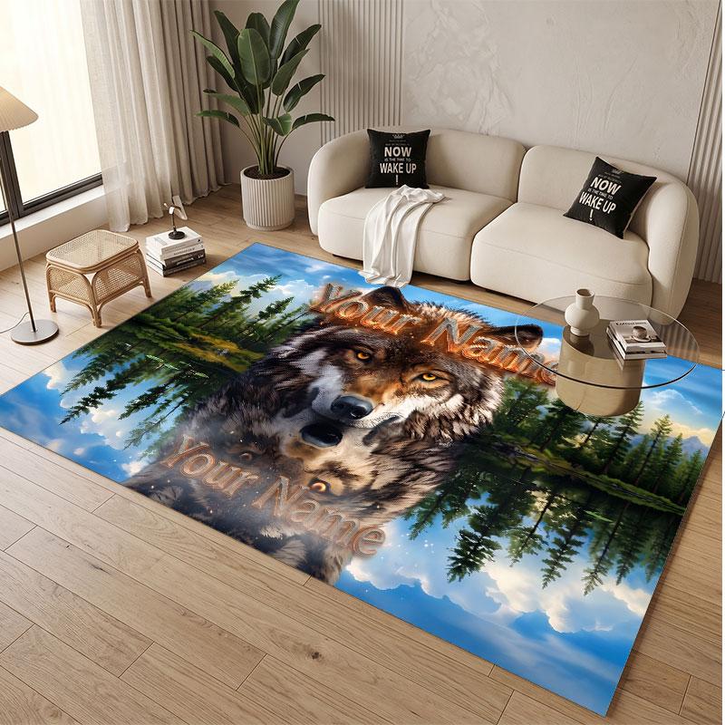 Wolf Theme Soft Crystal Velvet Rug Custom Name & Text Print Non Slip Floor Rug for Bedroom Living Room