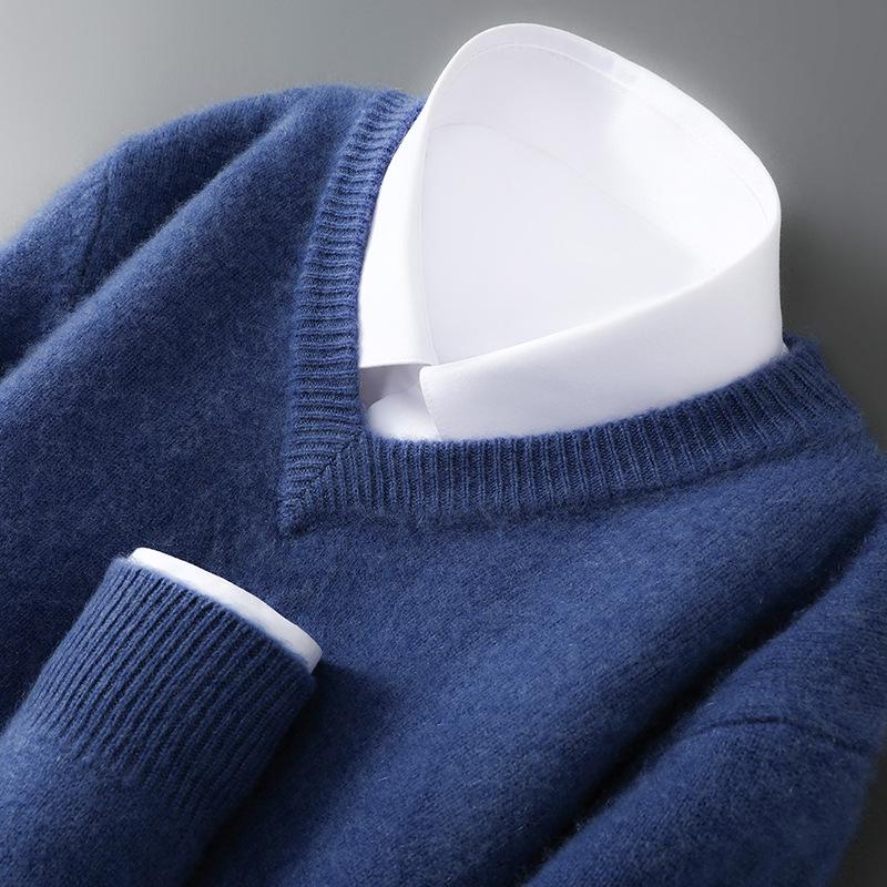 Men s 100% Pure Wool V-neck Sweater - Thick Warm Knitwear for Business Casual L