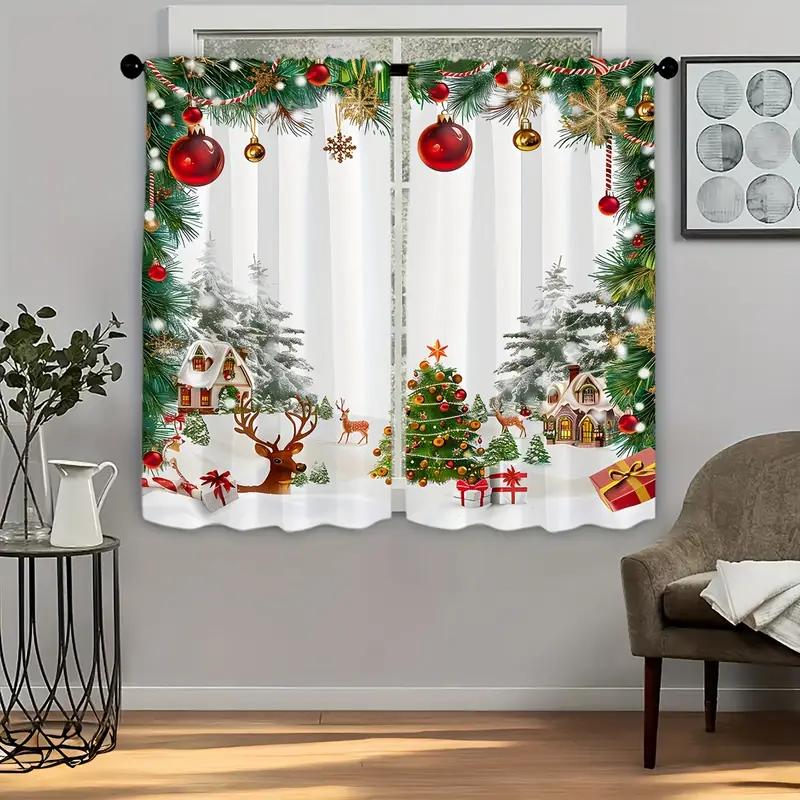 Set Of 2 Charming Christmas Scene Patterned Curtains Cute Design Filter Polyester Family Windows Curtain