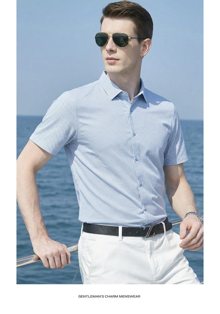 [Including linen and mulberry silk] Simple and fashionable plaid shirt for men in summer, breathable and comfortable short sleeved men's shirt