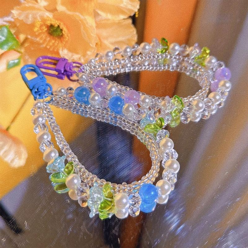 Double Layer Flower Beaded Pendant Phone Charm Hanging Rope Cute Phone Chain Strap Bag Decoration Keychain Accessories