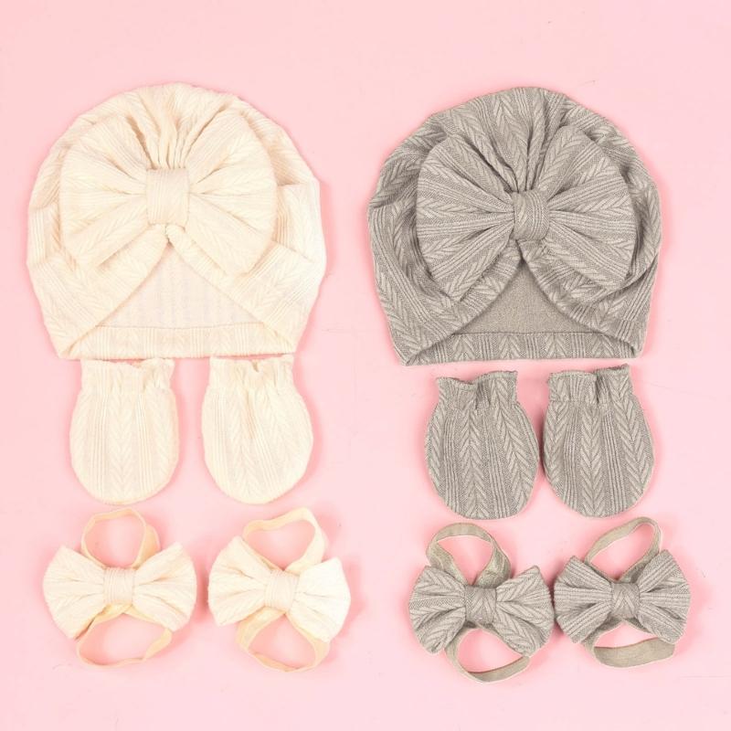 Baby Turban Hat Hospital Nursery Hat with Gloves & Feet Bowknot Newborns Soft Bonnet Caps Set for Baby 0-3 Month