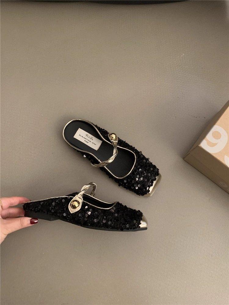French sequined silver bag head half slippers women's 2025 spring and summer Xiaoxiangfeng Korean version temperament Mary Jane single shoes women's